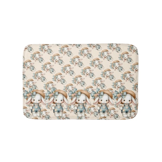 Cute Bunny in Overalls with Straw Hat & Bow Bath Mat (Front)