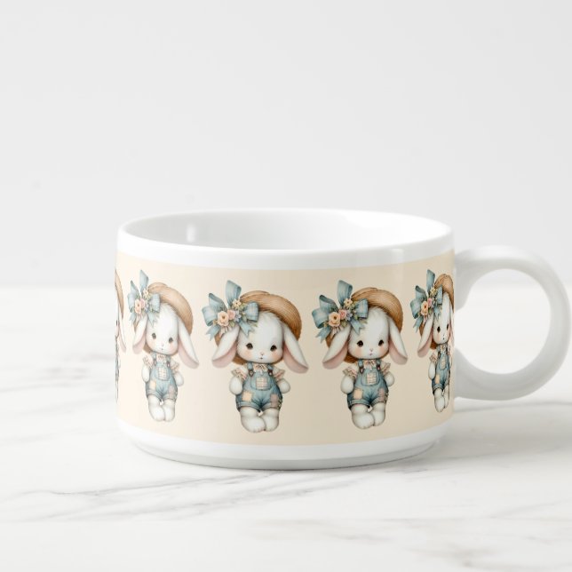 Cute Bunny in Overalls with Straw Hat & Bow Bowl (Left)