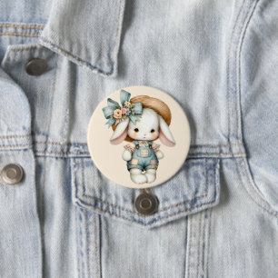 Cute Bunny in Overalls with Straw Hat & Bow Button