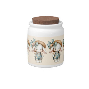 Cute Bunny in Overalls with Straw Hat & Bow Candy Jar