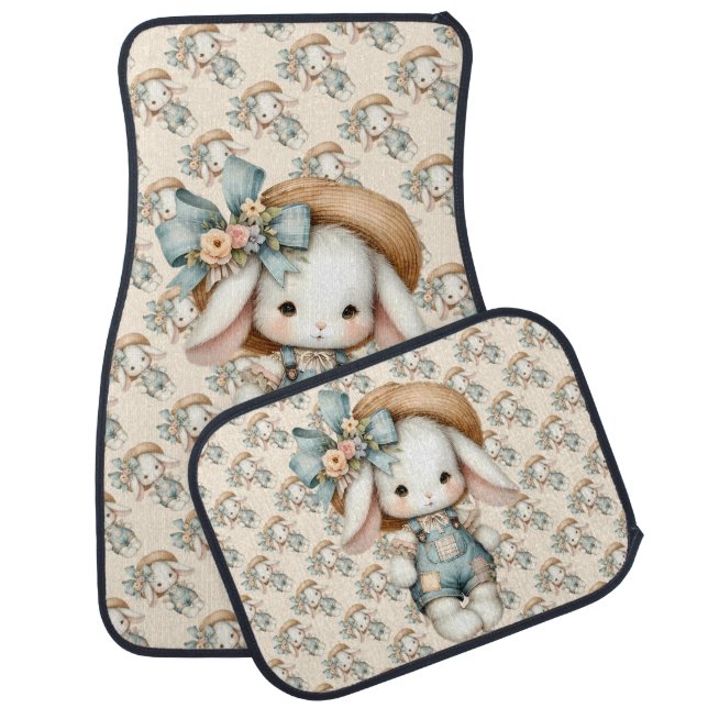 Cute Bunny in Overalls with Straw Hat & Bow Car Floor Mat (Set)