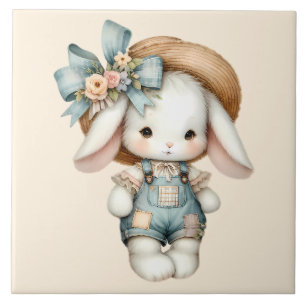 Cute Bunny in Overalls with Straw Hat & Bow Ceramic Tile