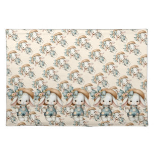 Cute Bunny in Overalls with Straw Hat & Bow Cloth Placemat