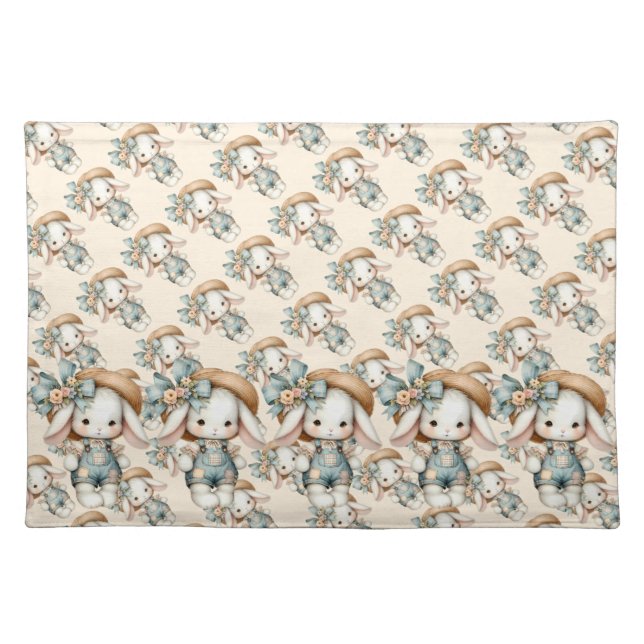 Cute Bunny in Overalls with Straw Hat & Bow Cloth Placemat (Front)