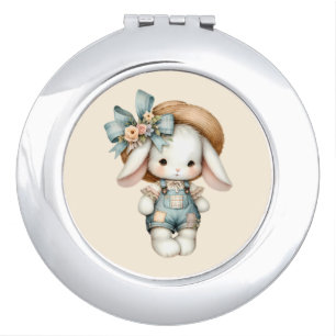 Cute Bunny in Overalls with Straw Hat & Bow Compact Mirror