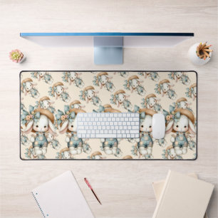 Cute Bunny in Overalls with Straw Hat & Bow Desk Mat