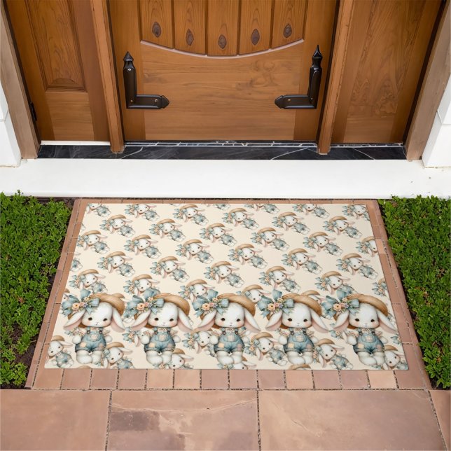 Cute Bunny in Overalls with Straw Hat & Bow Doormat (Outdoor)