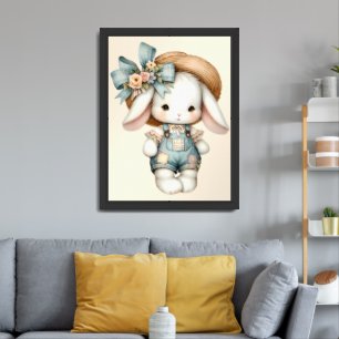Cute Bunny in Overalls with Straw Hat & Bow Framed Art
