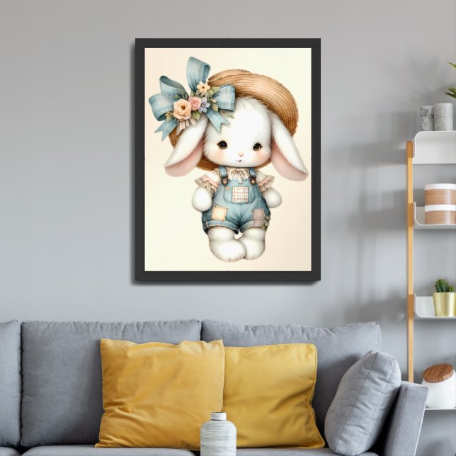 Cute Bunny in Overalls with Straw Hat & Bow Framed Art (Living Room 3)