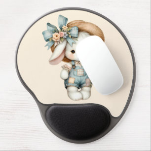 Cute Bunny in Overalls with Straw Hat & Bow Gel Mouse Pad