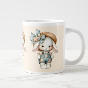 Cute Bunny in Overalls with Straw Hat & Bow Giant Coffee Mug
