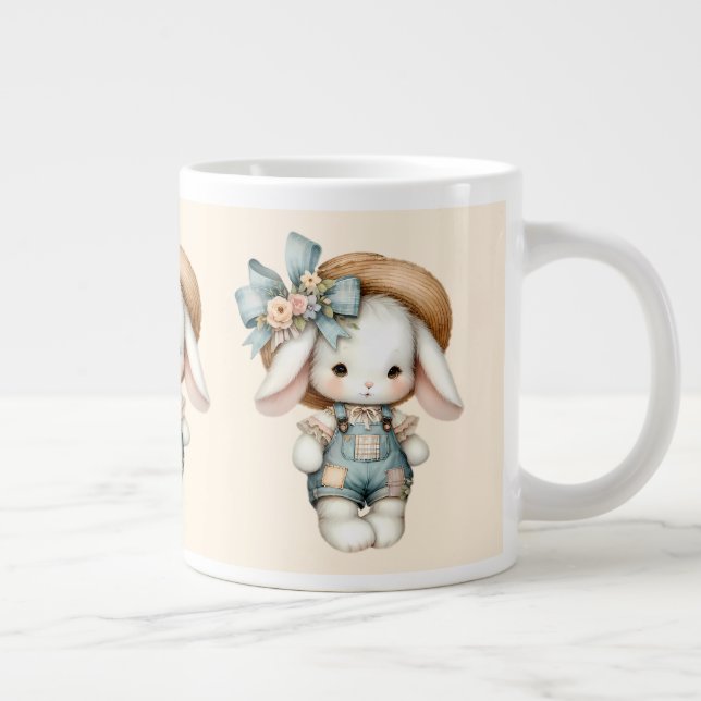 Cute Bunny in Overalls with Straw Hat & Bow Giant Coffee Mug (Right)
