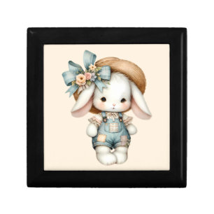 Cute Bunny in Overalls with Straw Hat & Bow Gift Box