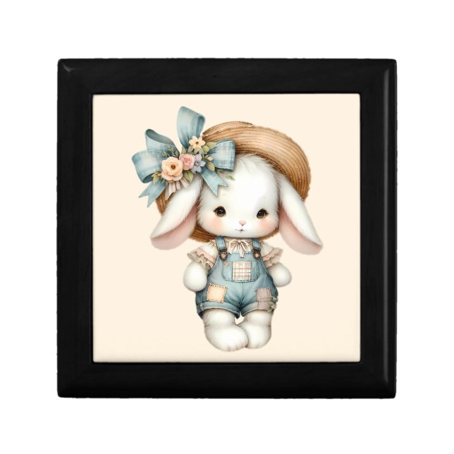 Cute Bunny in Overalls with Straw Hat & Bow Gift Box (Front)