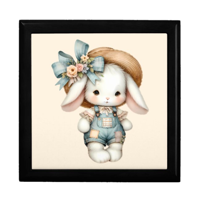 Cute Bunny in Overalls with Straw Hat & Bow Gift Box (Front)