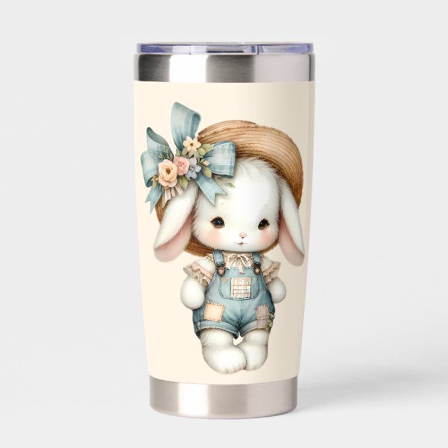 Cute Bunny in Overalls with Straw Hat & Bow Insulated Tumbler (Front)