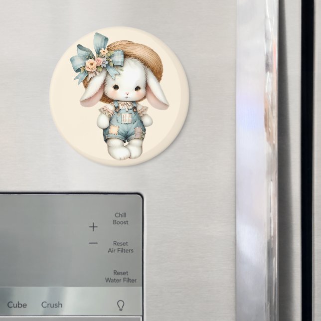 Cute Bunny in Overalls with Straw Hat & Bow Magnet (In Situ (Fridge))