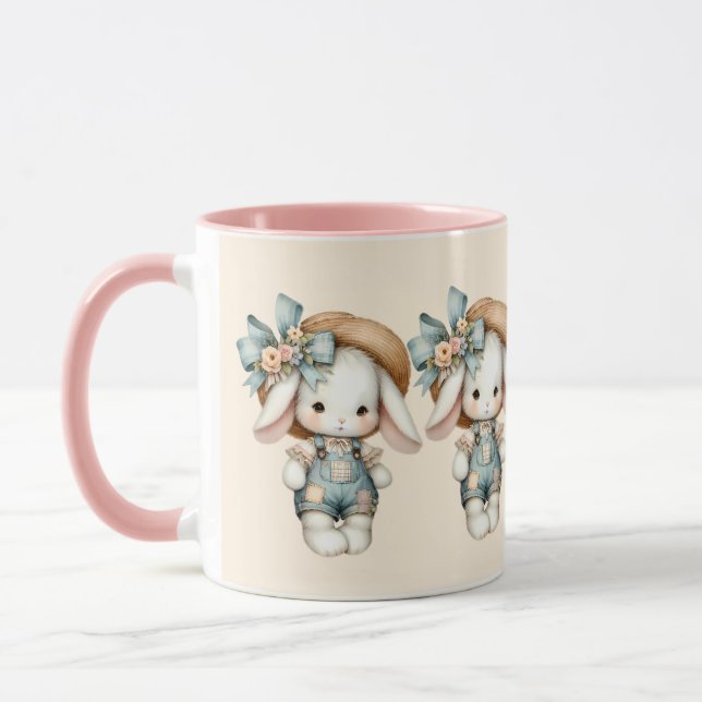Cute Bunny in Overalls with Straw Hat & Bow Mug (Left)