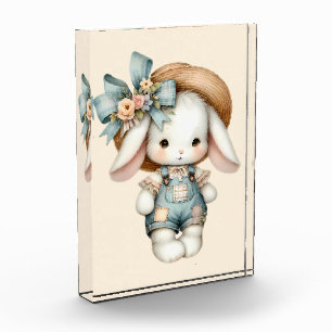Cute Bunny in Overalls with Straw Hat & Bow Photo Block