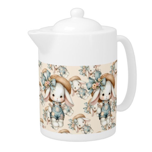Cute Bunny in Overalls with Straw Hat & Bow Teapot (Right)