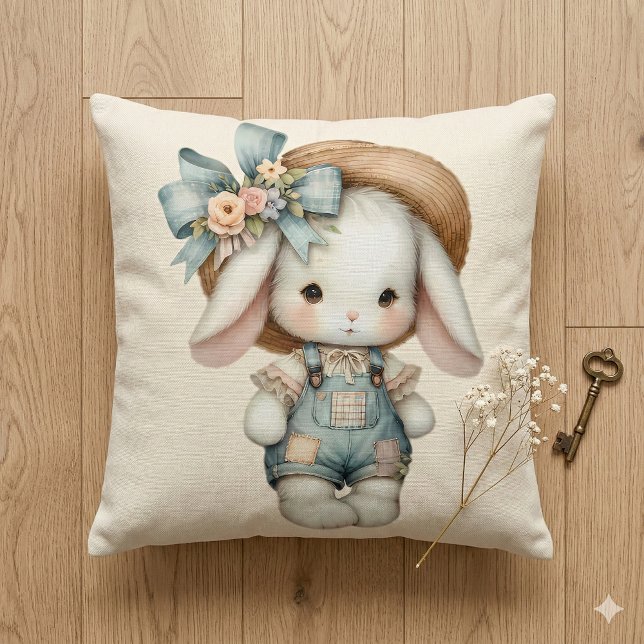 Cute Bunny in Overalls with Straw Hat & Bow Throw Pillow (Cute Bunny in Overalls with Straw Hat & Bow Throw Pillow Mockup D)