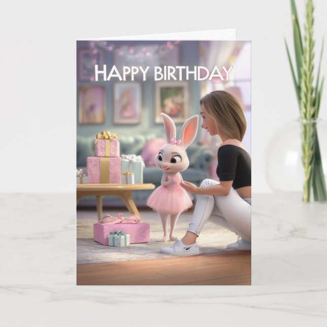 Cute Bunny in Pink Dress with Gifts Happy Birthday Card (Front)