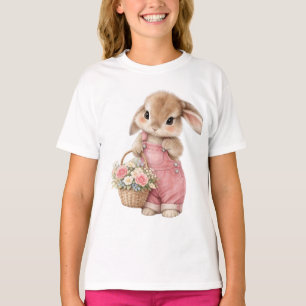 ⁠Cute Bunny in Pink Overalls Spring Floral Kids T- T-Shirt