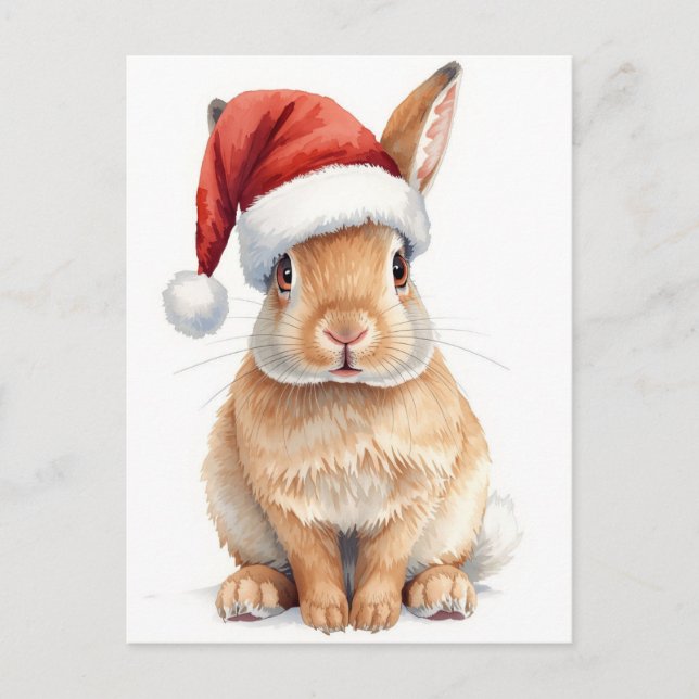 Cute Bunny in Santa Hat Watercolor Xmas Holiday Postcard (Front)