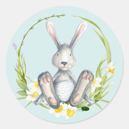 Cute Bunny In Spring Floral Wreath Blue Classic Round Sticker