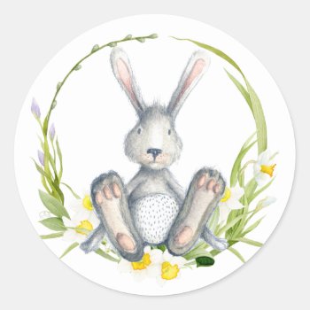 Cute Bunny In Spring Floral Wreath Classic Round Sticker by DP_Holidays at Zazzle