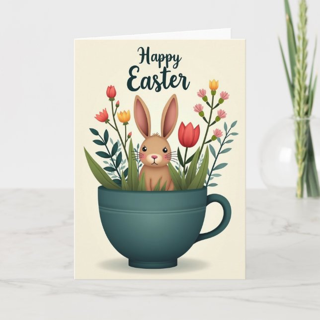 Cute Bunny In Teacup Spring Card (Front)