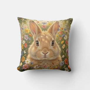 Cute Bunny in Vibrant Flower Meadow Throw Pillow