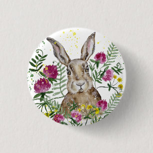 Cute bunny in watercolor flowers button