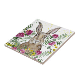 Cute bunny in watercolor flowers ceramic tile