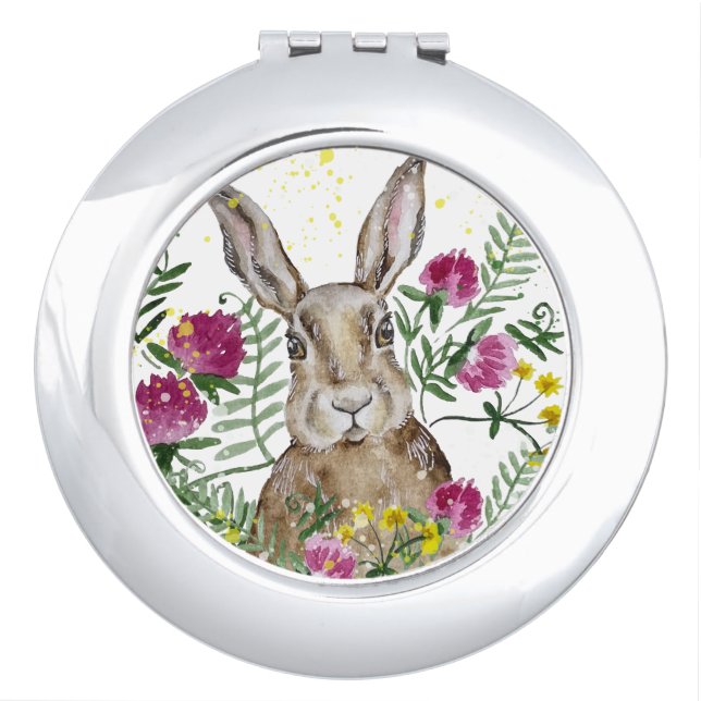 Cute bunny in watercolor flowers compact mirror (Front)