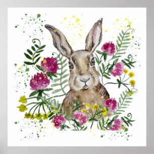Cute bunny in watercolor flowers poster