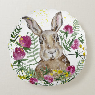Cute bunny in watercolor flowers round pillow