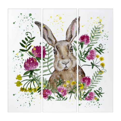 Cute bunny in watercolor flowers triptych