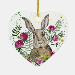 Cute bunny in watercolour flowers ceramic ornament