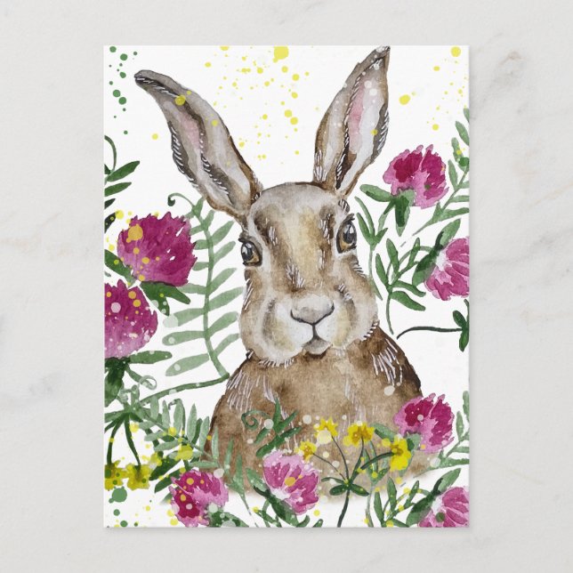 Cute bunny in watercolour flowers postcard (Front)