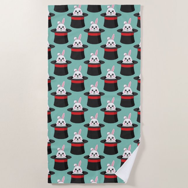 Cute Bunny in Wizard Hat Pattern Beach Towel (Front)