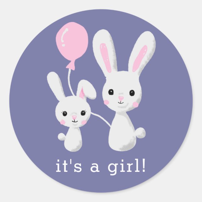 Cute Bunny It's A Girl Pink Baby Shower Classic Round Sticker (Front)
