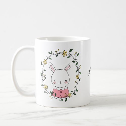 Cute Bunny Kawaii rabbit with Flowers Custom Name Coffee Mug