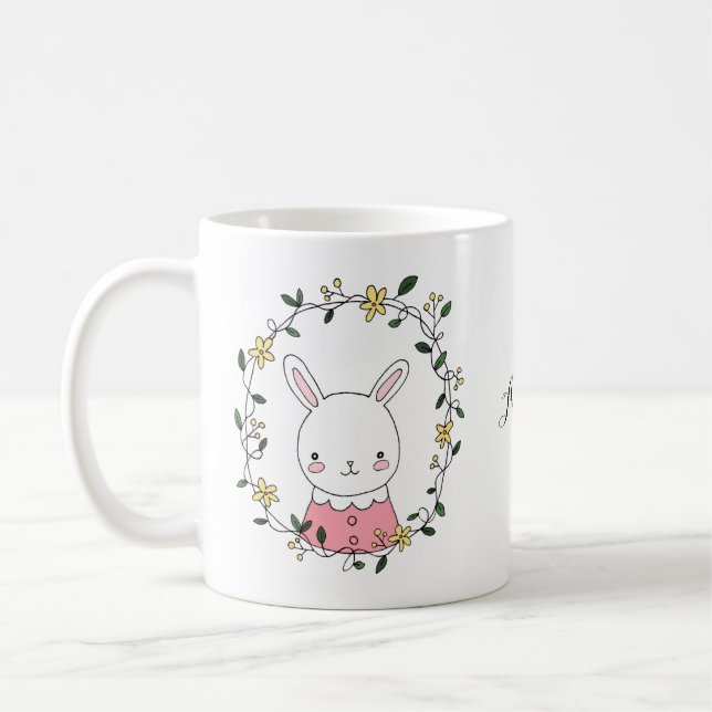 Cute Bunny Kawaii rabbit with Flowers Custom Name Coffee Mug (Left)