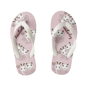 Cute Bunny Kitten Animal Friends Pink Girls Kid's Flip Flops