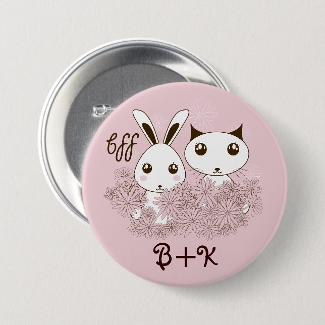 Cute Bunny Kitten Animal Friends Pink Girls Kids Pinback Button (Front & Back)