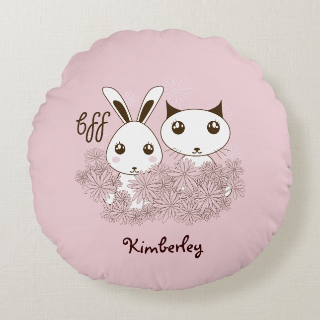 Cute Bunny Kitten Animal Friends Pink Girls Kids Round Pillow (Front)