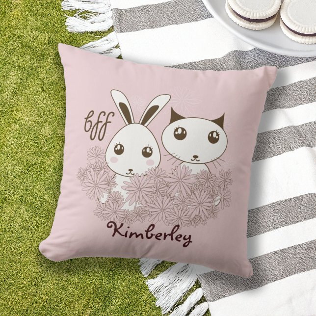 Cute Bunny Kitten Animal Friends Pink Girls Kids Throw Pillow (Creator Uploaded)