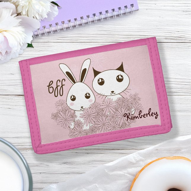 Cute Bunny Kitten Animal Friends Pink Girls Kids Tri-fold Wallet (Creator Uploaded)