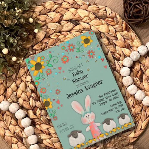 Cute Bunny Lambs Daisies Baby Unisex Invitation